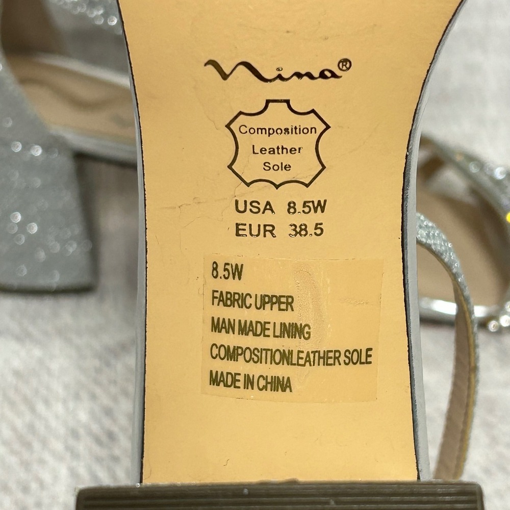 Nina Silver Glitter‎ Rhinestone Block Heel Ankle Strap Sandals Women 8.5W - Picture 3 of 8